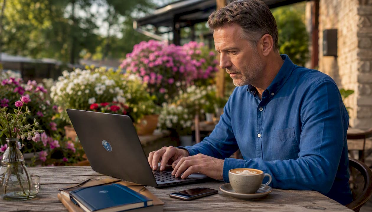Man typing blog content in coffee shop