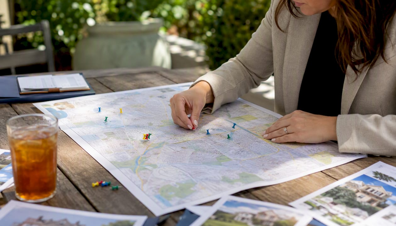 Hands placing pushpins on neighborhood map