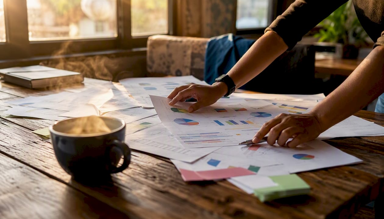 Hands tracing backlink data on printouts