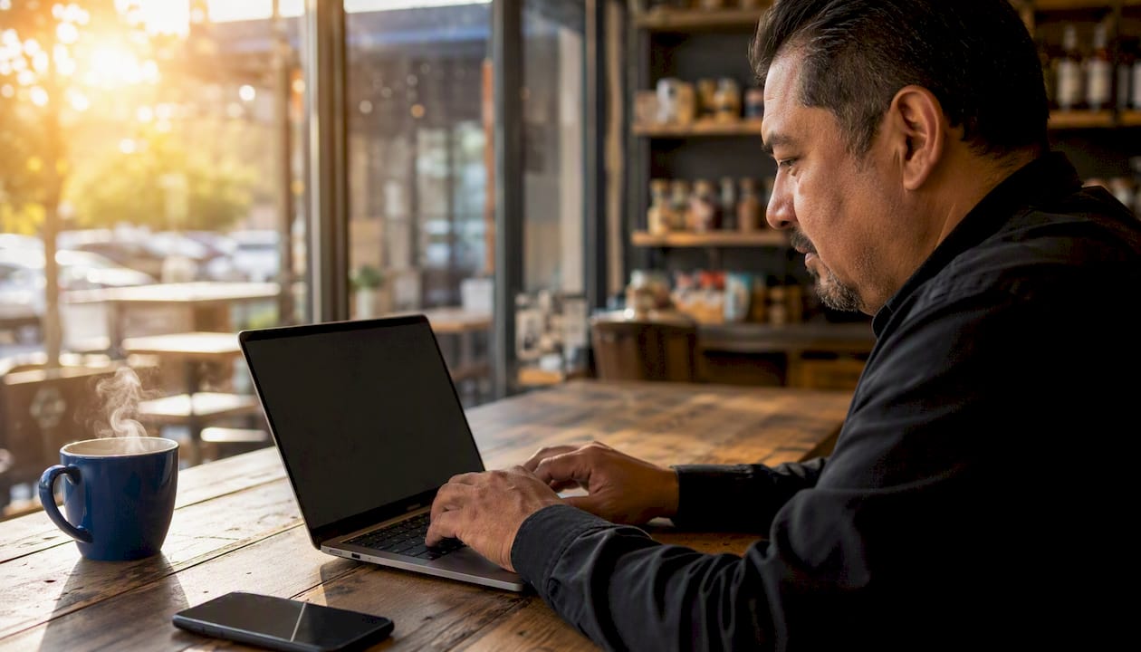 Local business owner typing social media content