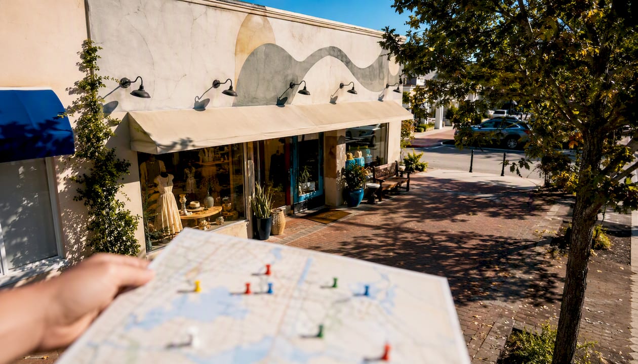 Local storefront with map and location pins