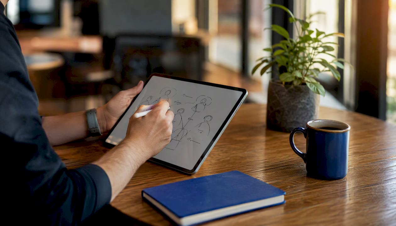 Hands creating buyer persona notes on tablet