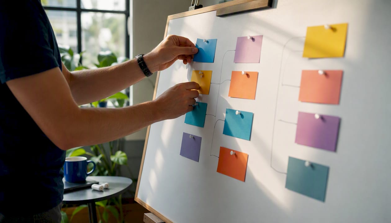 Hands arranging colored magnets on a workflow board