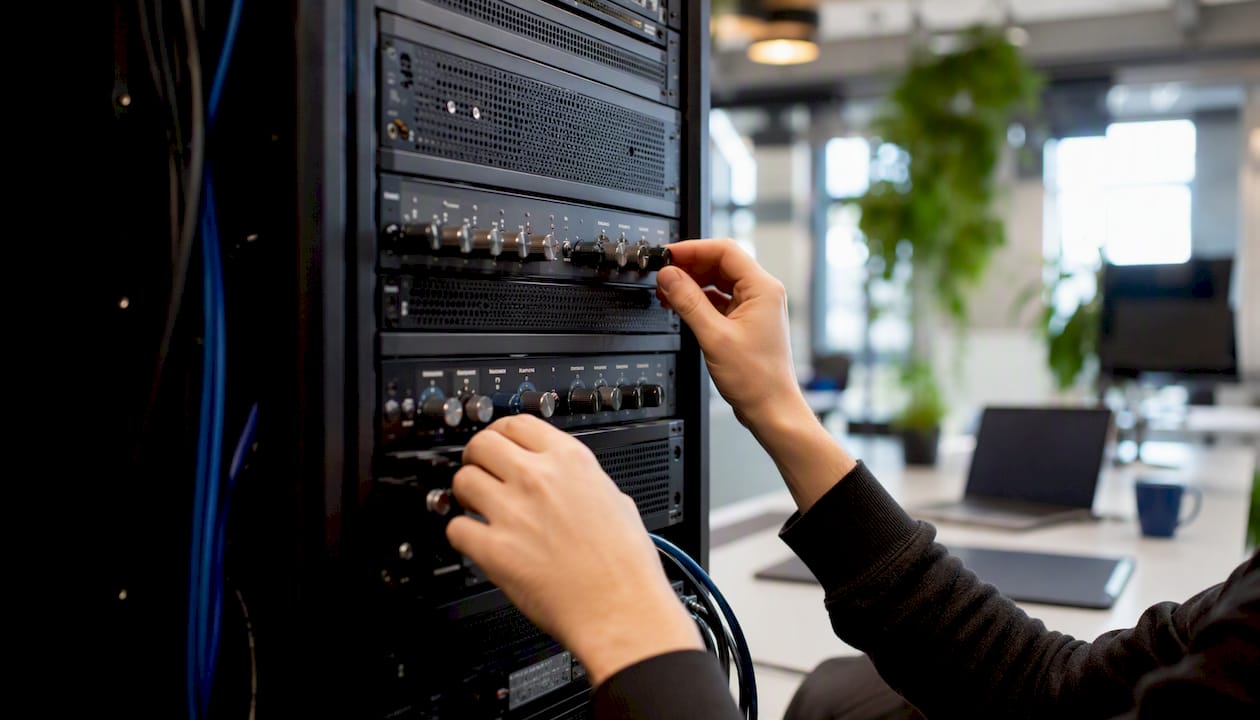 Hands configuring cybersecurity compliance device