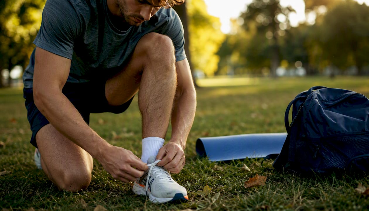 Athlete tying running shoes in gym