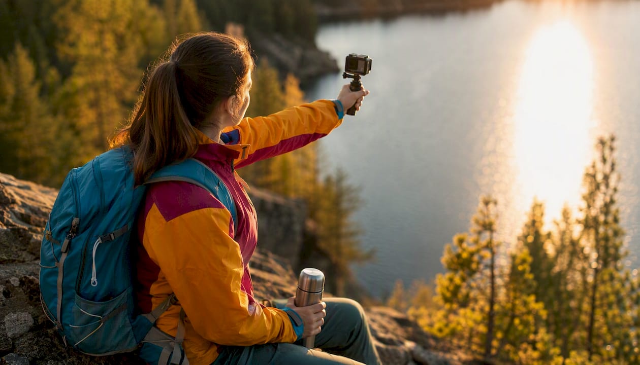 Person filming outdoor adventure with action camera