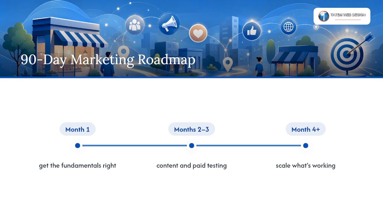Timeline diagram of 90-day local marketing plan