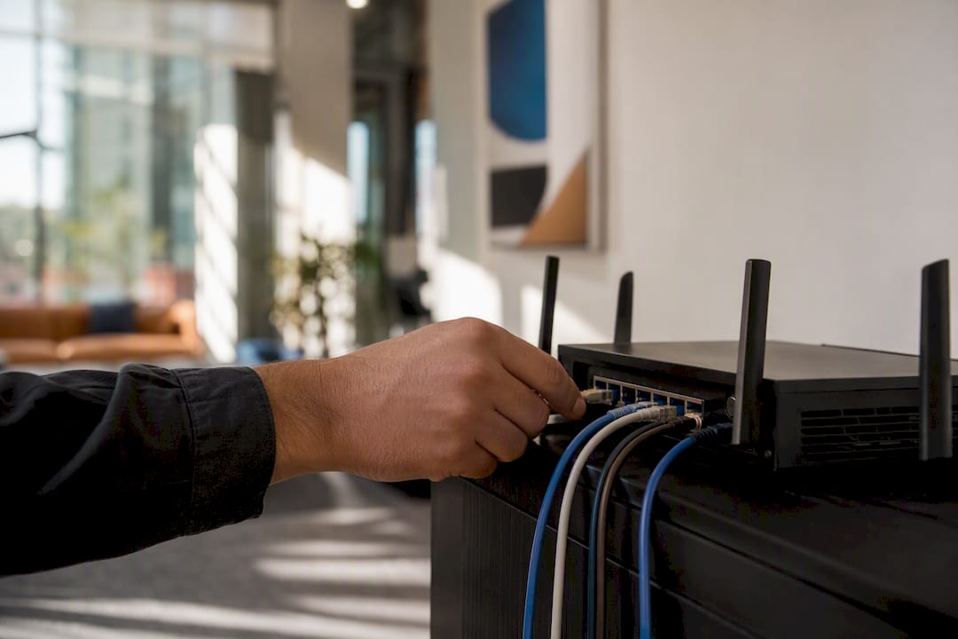 Hand unplugging network cable in office closet