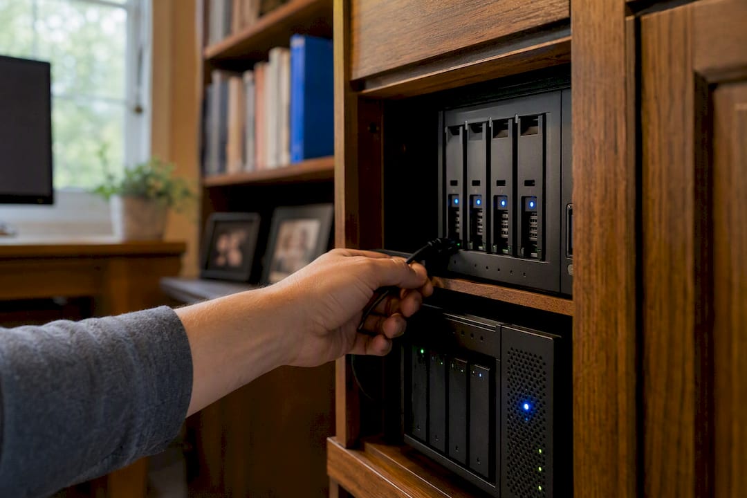 Close-up of backup storage devices in server rack
