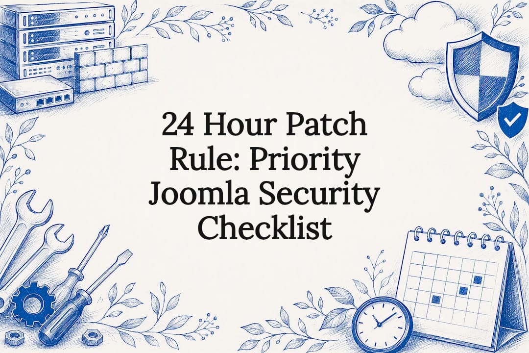 Decorative title card illustration with security tools and calendar icons