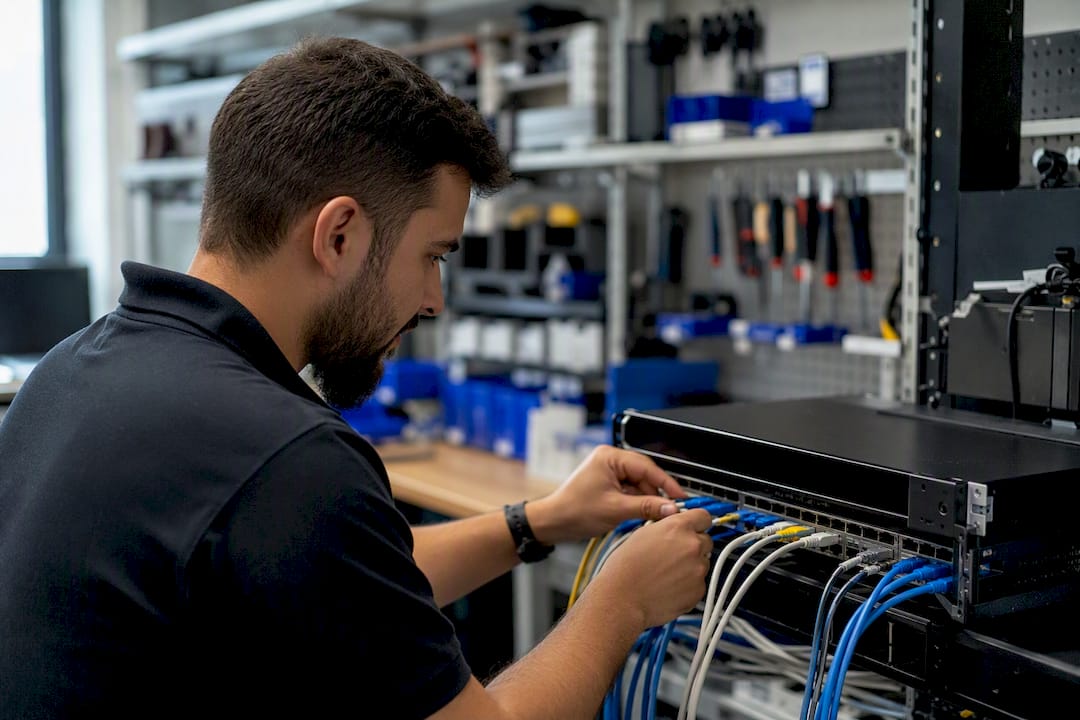 Hands adjusting network cables at enclave security boundary