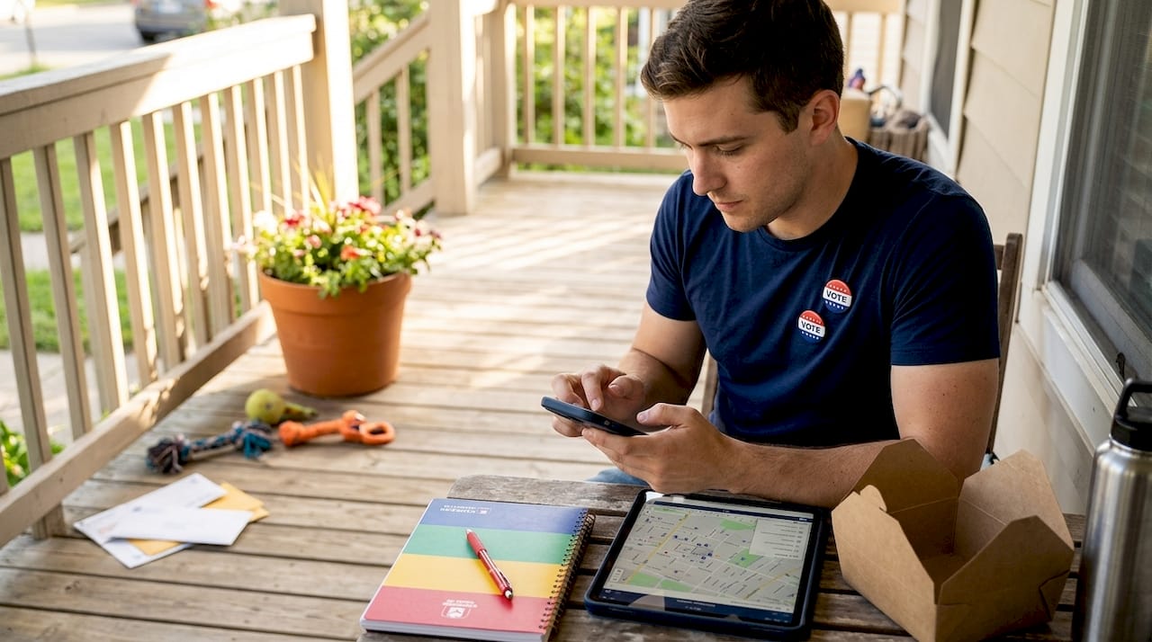 Volunteer managing canvassing on phone at home