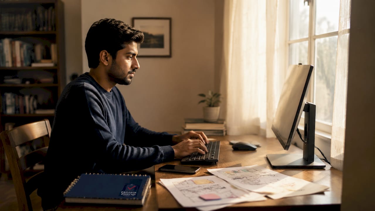 Hands typing content in home office setting