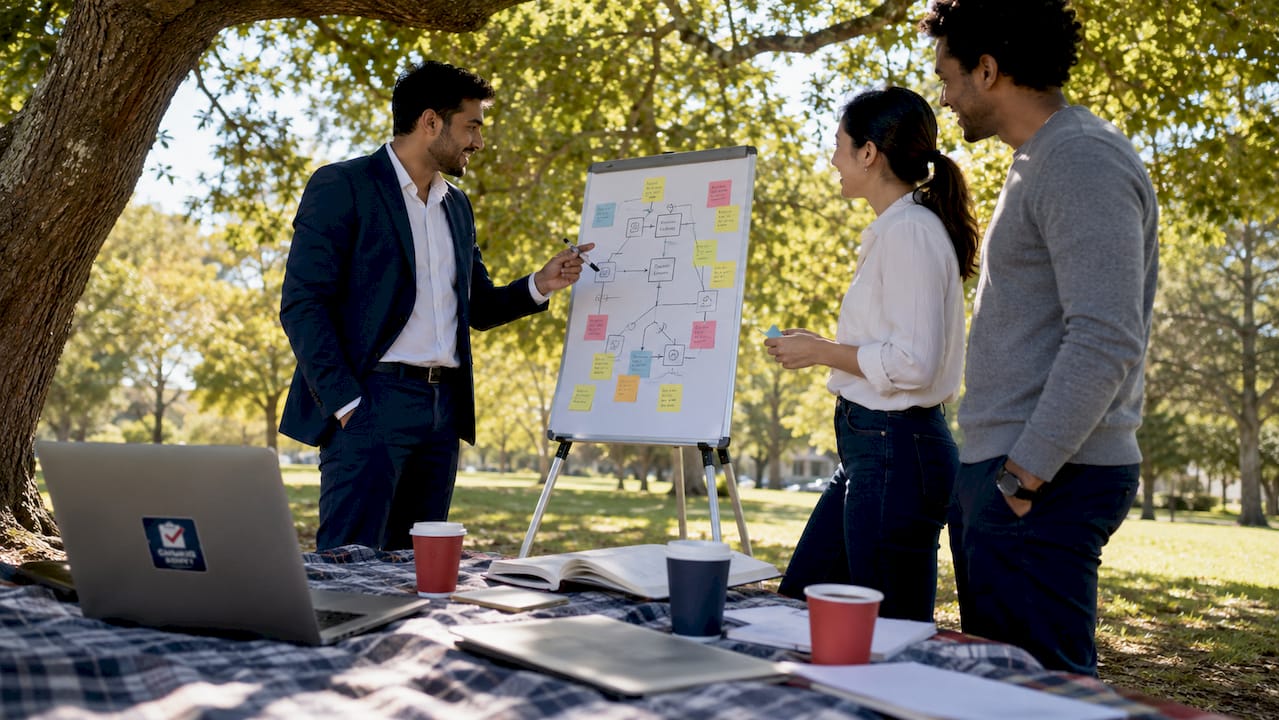 Team discussing campaign event types at whiteboard