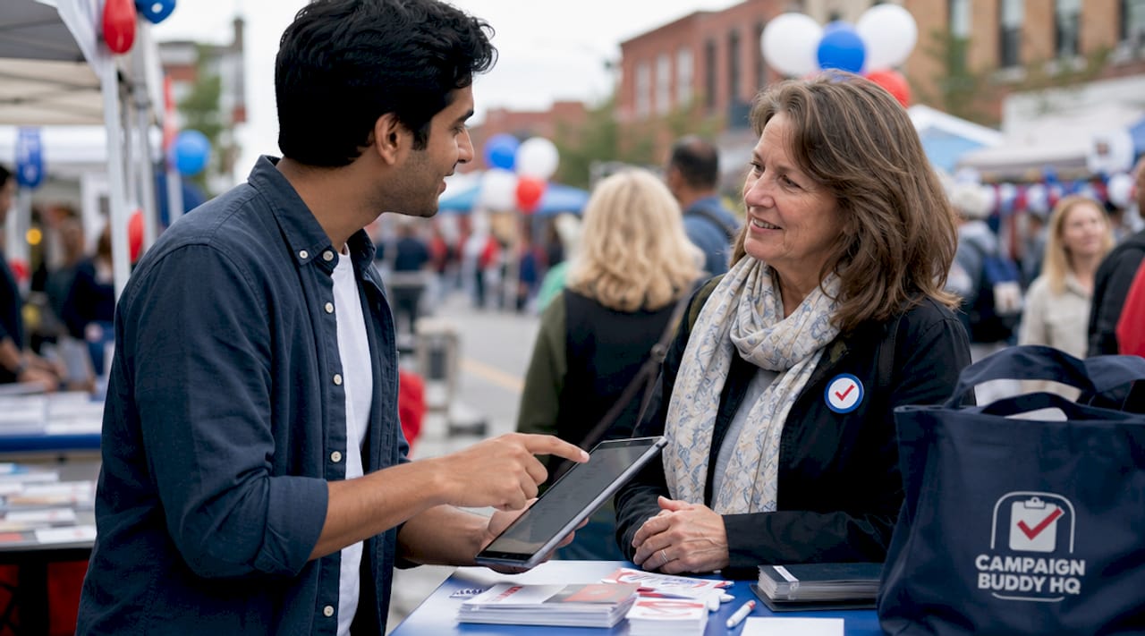 Man assisting woman with volunteer sign-up outdoors