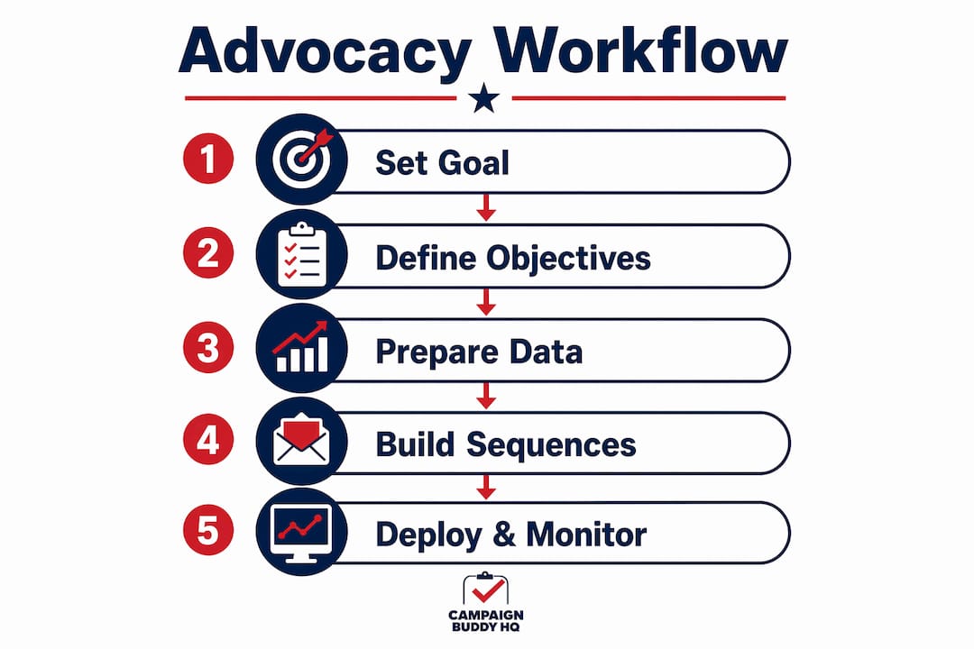 Infographic showing five stages of advocacy workflow process
