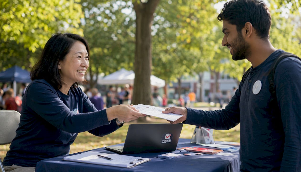 Volunteer and citizen exchanging registration form