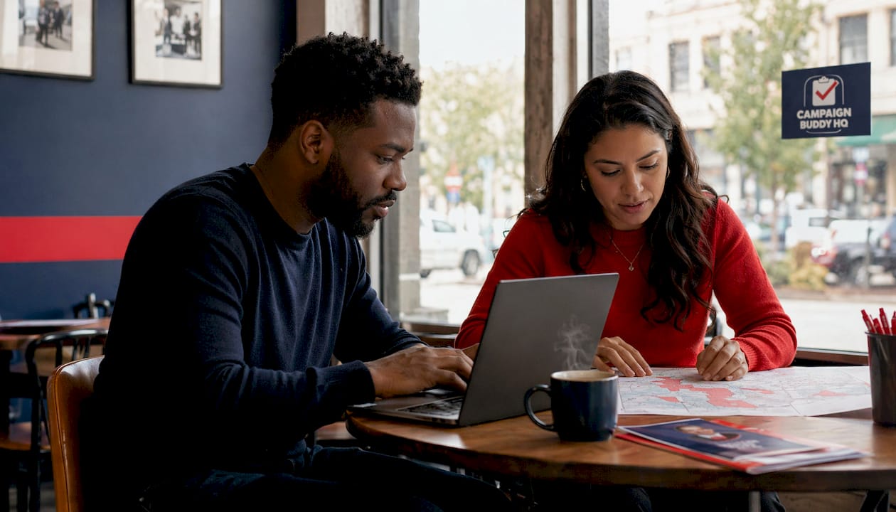 Two campaign staff coordinating HQ setup with laptop and map