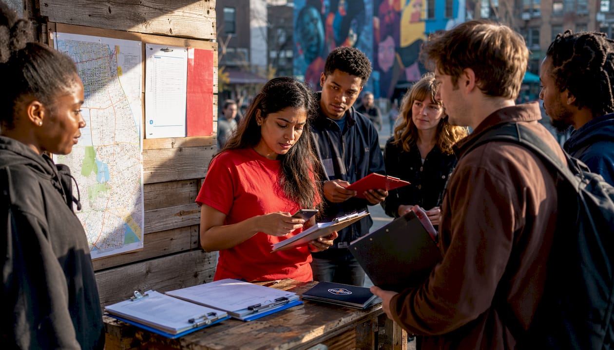 Field organizer coordinating volunteers outdoors