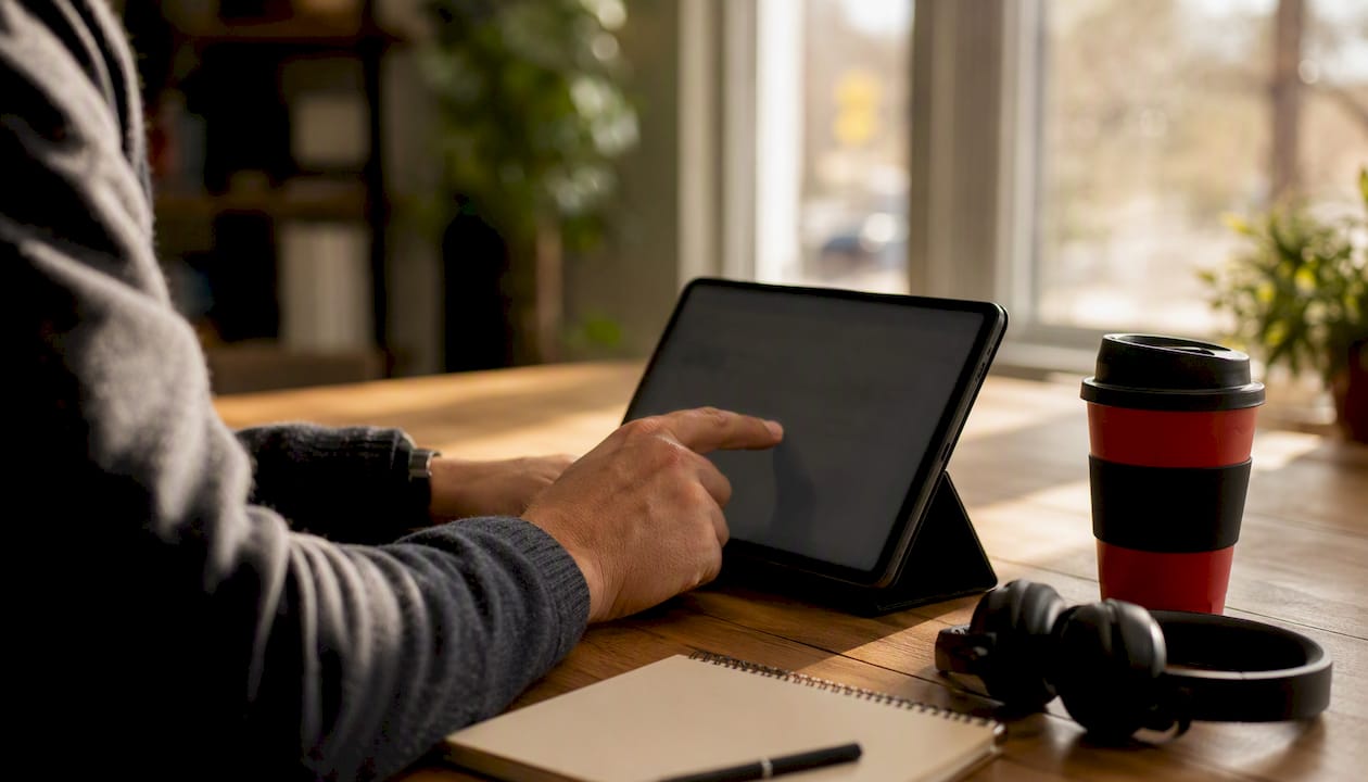 Hand tapping tablet at campaign workspace