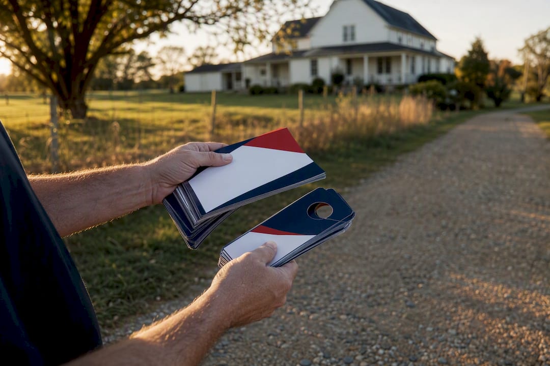Hands preparing door-to-door outreach materials outdoors