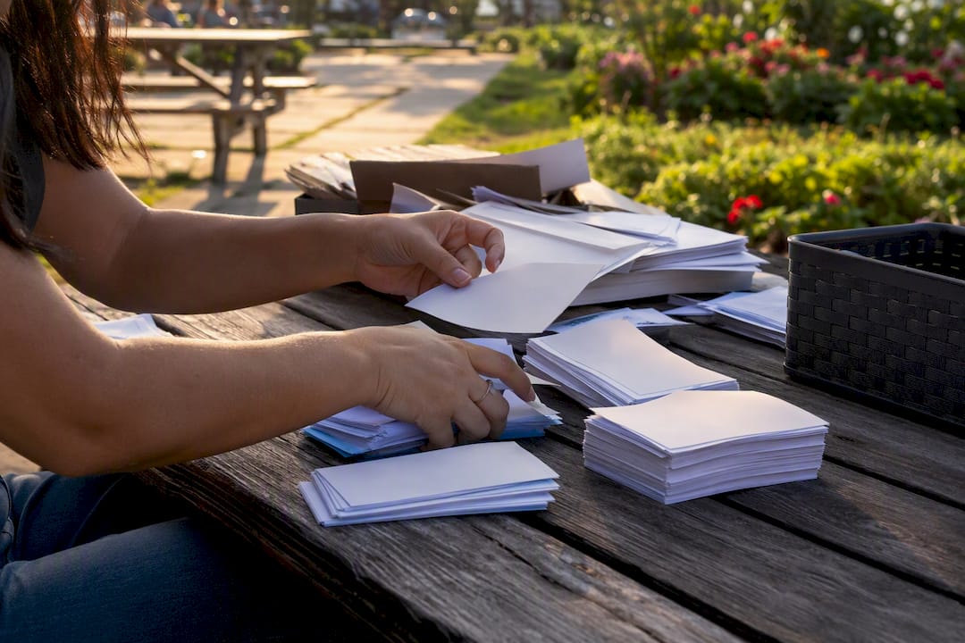 Hands segmenting outreach materials outdoors