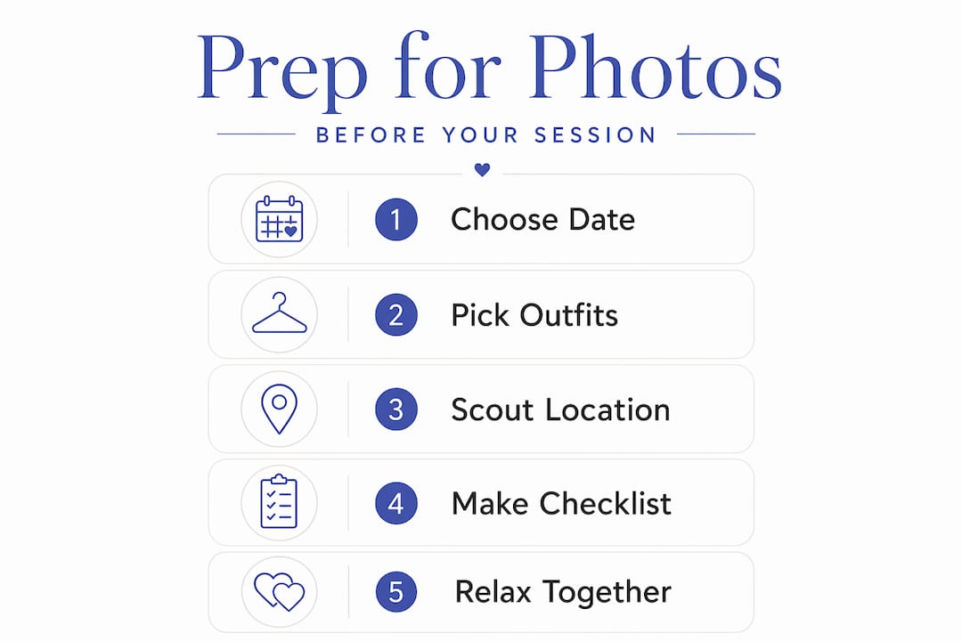 Infographic with steps to prepare for engagement photos