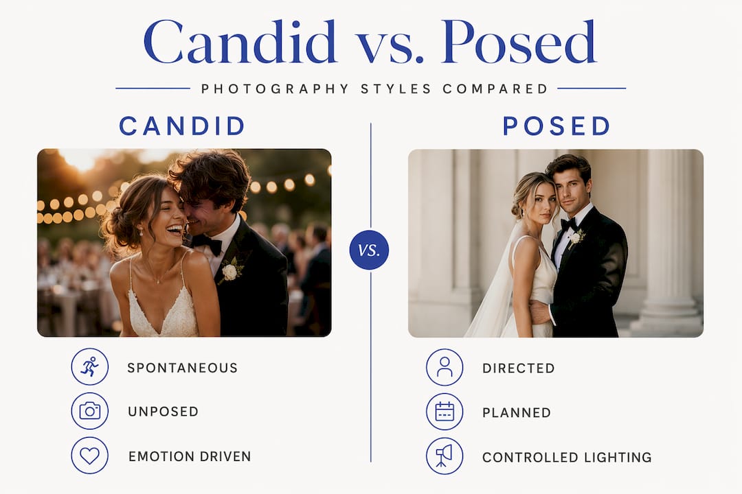 Infographic comparing candid and posed photography types