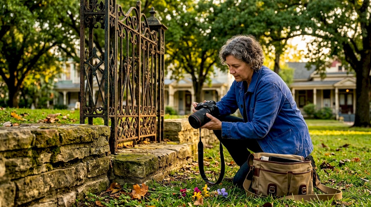 Photographer at historic San Antonio stone wall