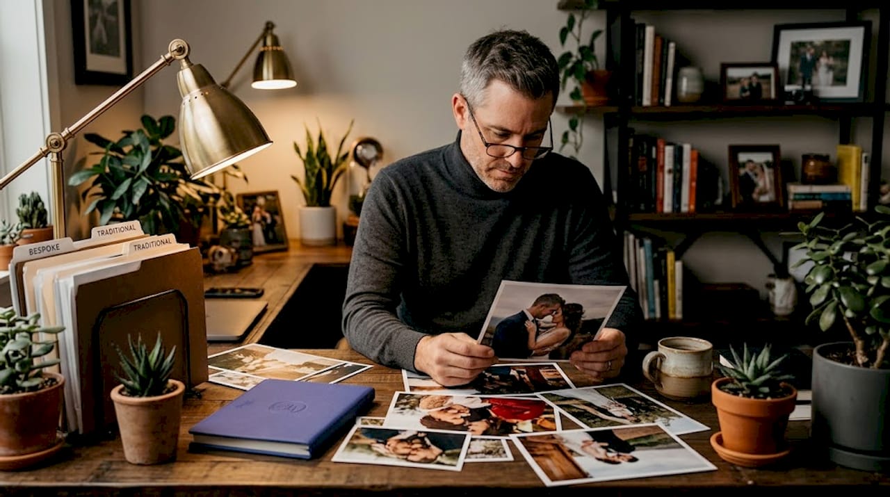 Photographer sorting different wedding photography styles
