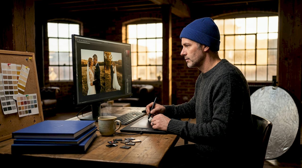 Photographer comparing wedding photo edits side by side
