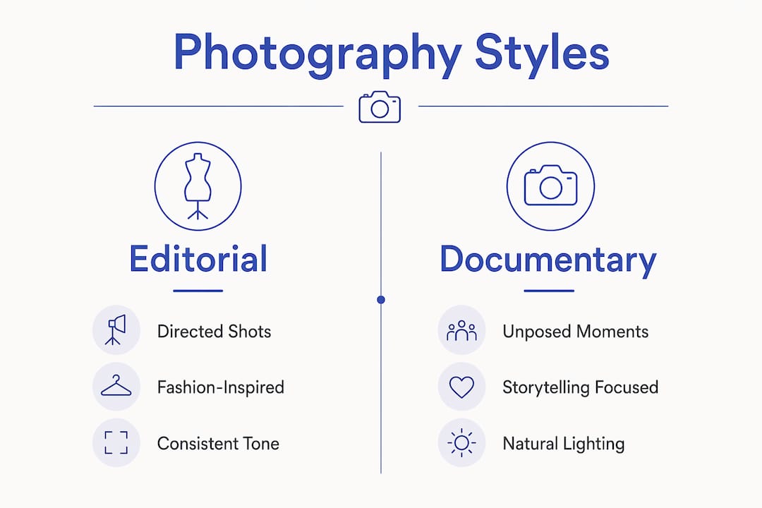 Infographic comparing editorial and documentary wedding photography styles
