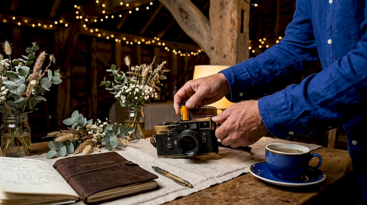 Hands loading film in vintage camera at wedding
