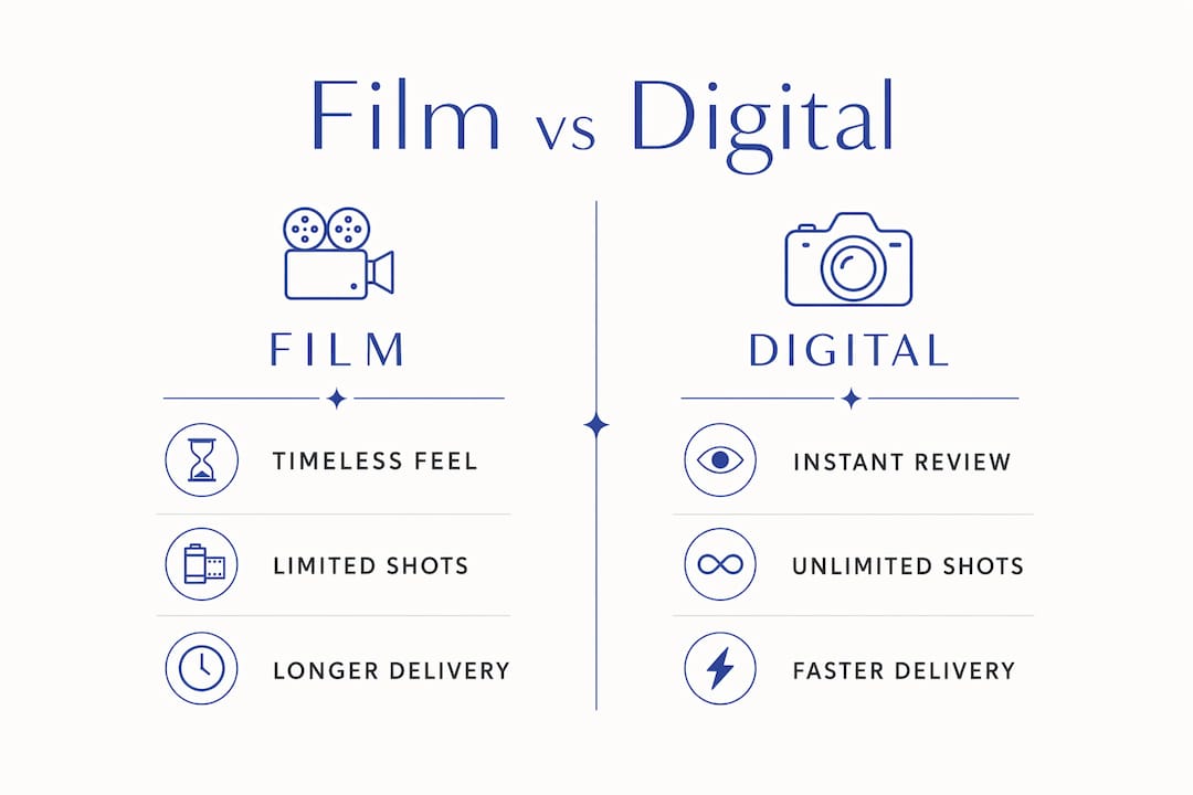 Infographic comparing film and digital wedding photography