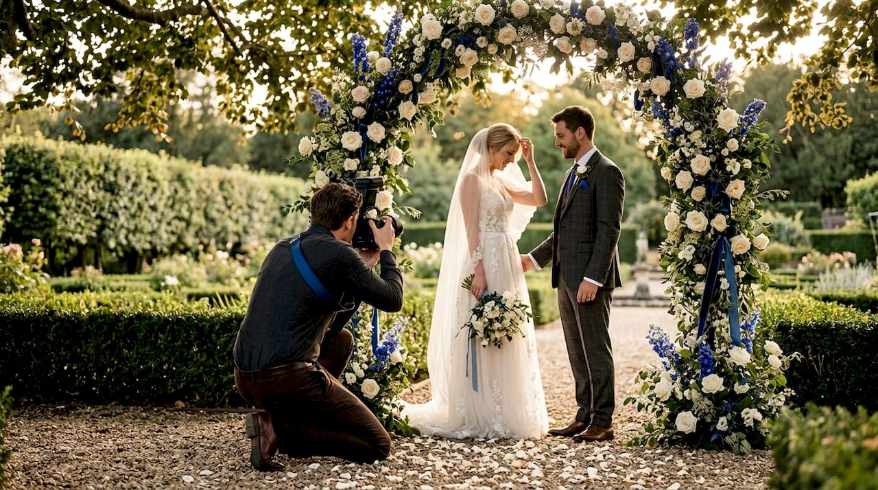 Couple framed by floral arch at wedding venue