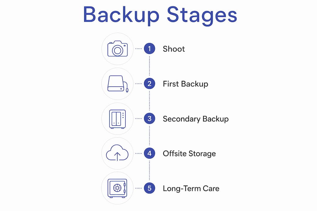 Infographic showing wedding photo backup process steps