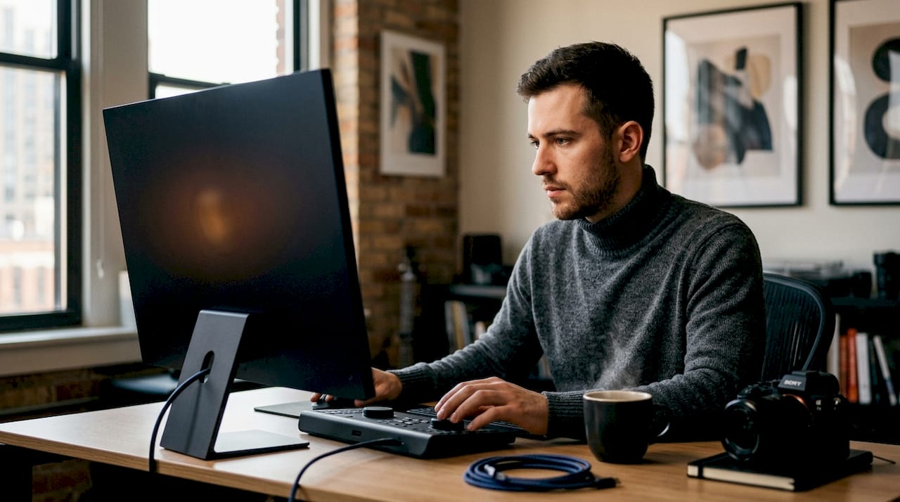 Photographer editing photos in modern editing studio