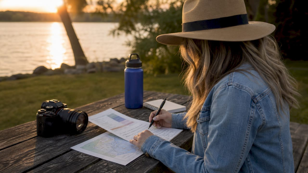 Wedding photographer preparing golden hour schedule outdoors