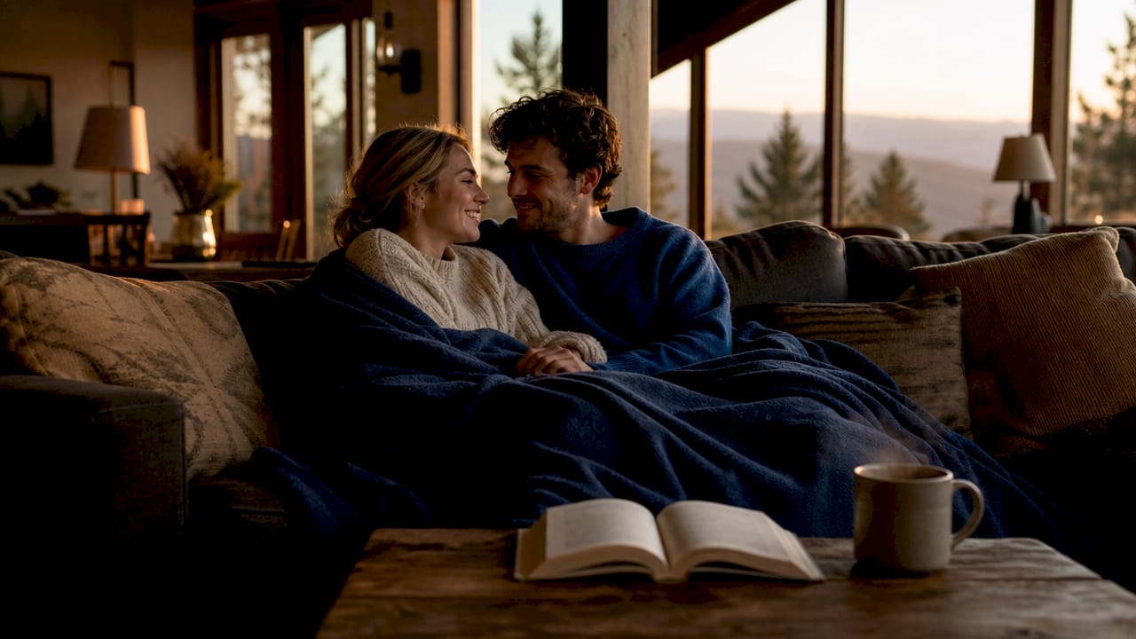 Close-up of couple's hands on cozy blanket indoors