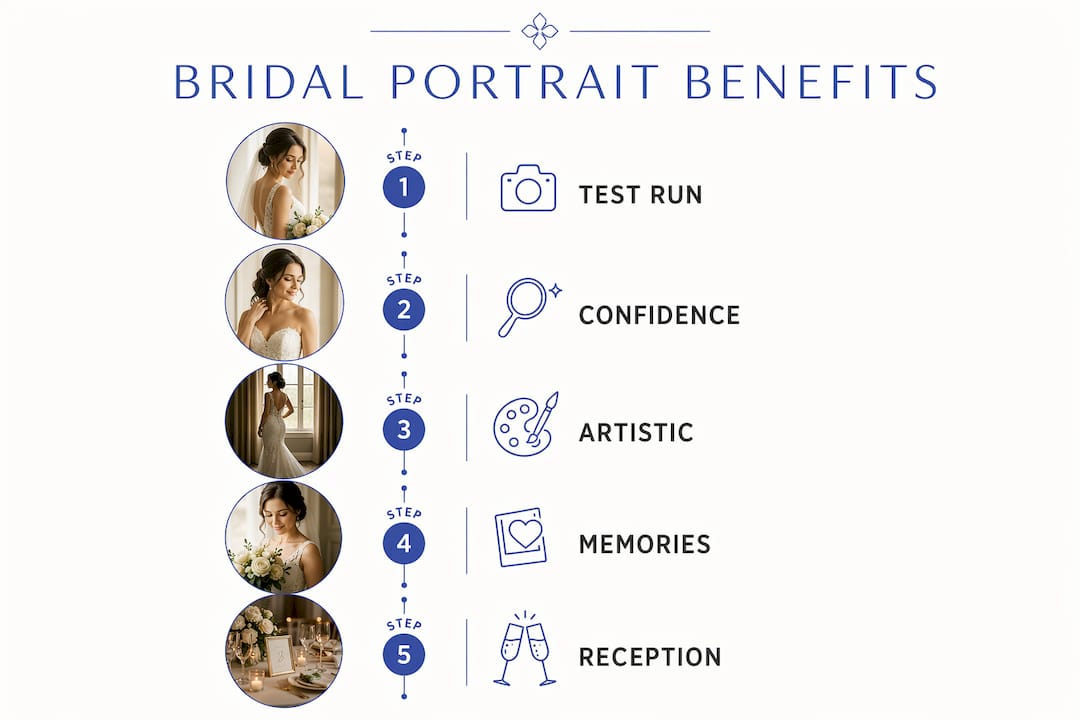 Infographic illustrating steps and benefits of bridal portrait sessions
