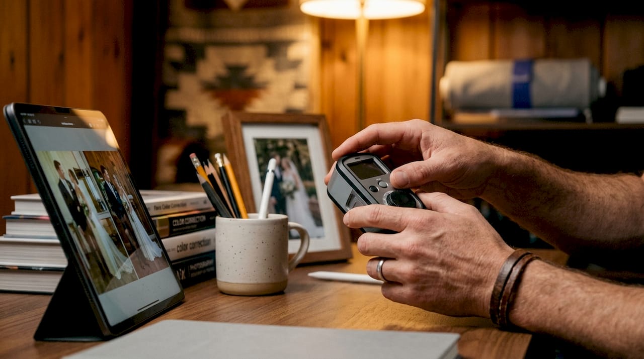 Photographer hands adjusting color calibration device