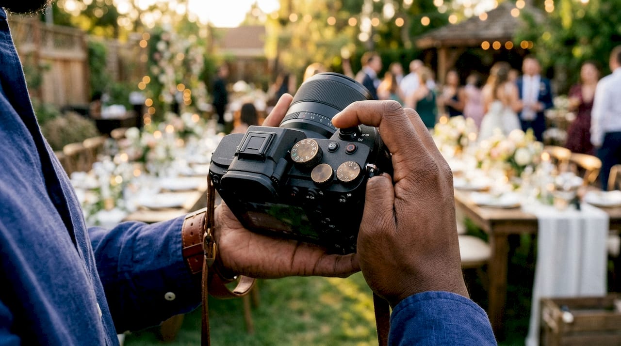 Photographer adjusting camera settings for shutter speed