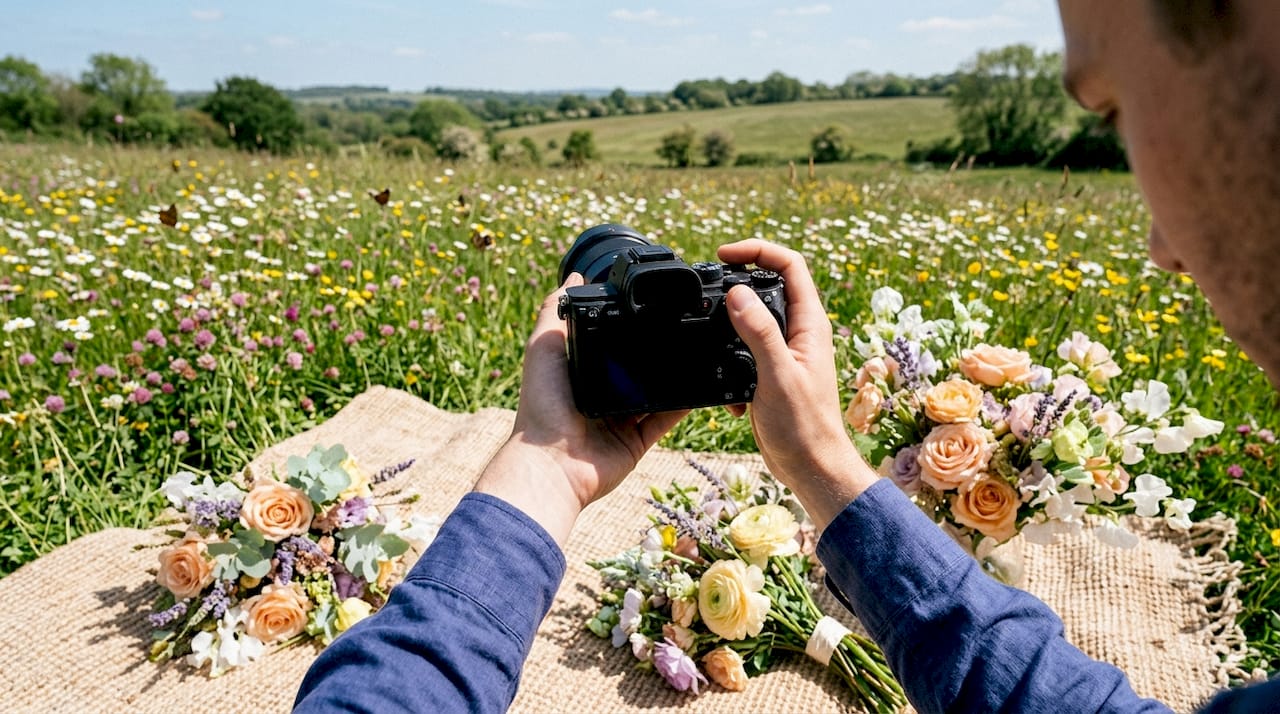Photographer reviewing spring wedding floral images
