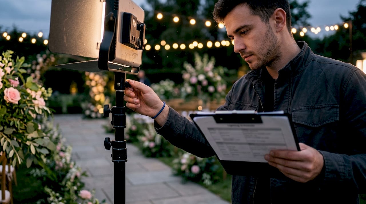 Lighting technician adjusting LED panel and checking schedule