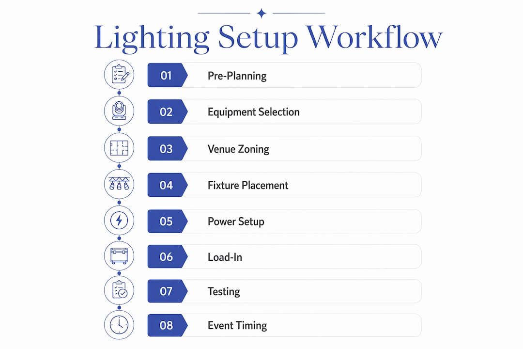 Infographic showing wedding lighting setup workflow steps