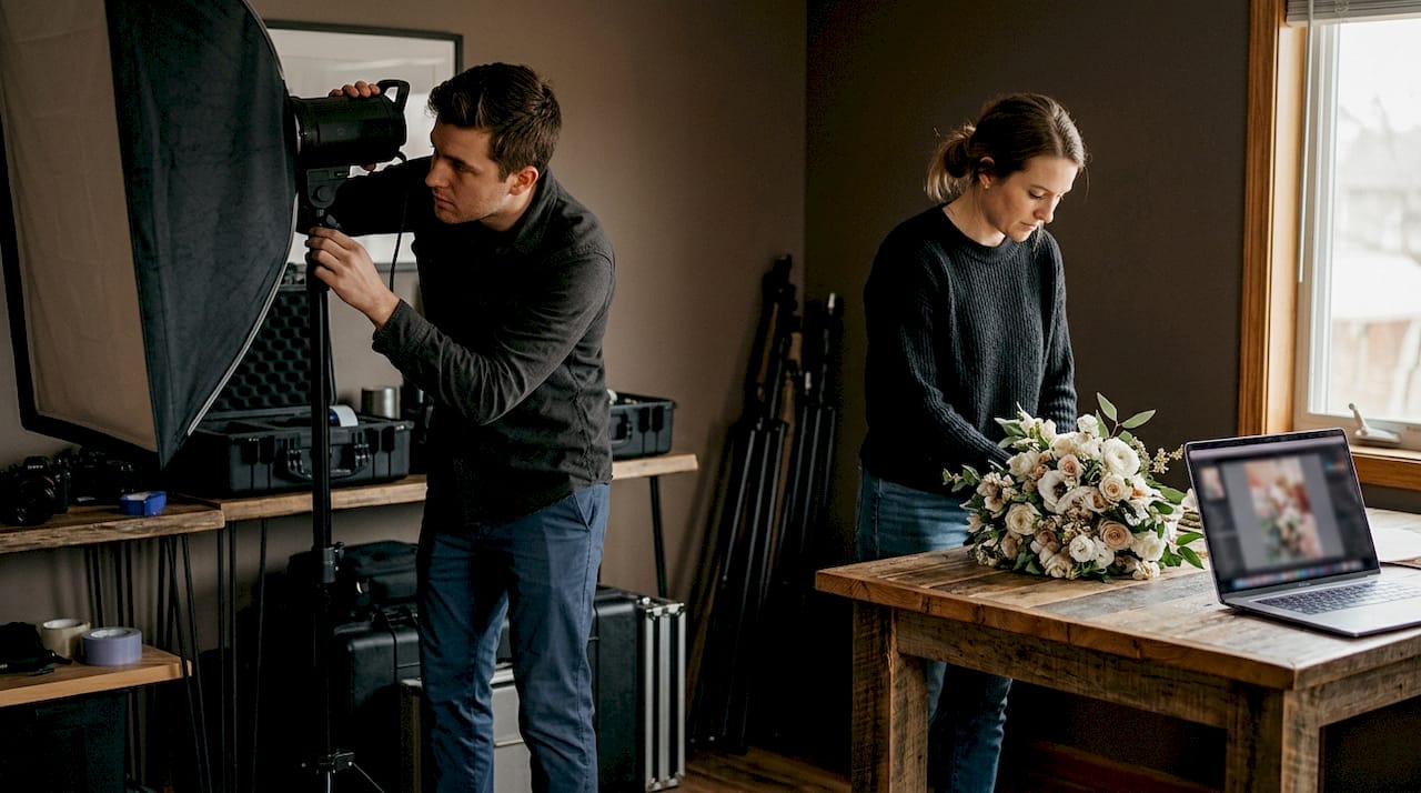 Photographers preparing lighting setup for wedding shoot