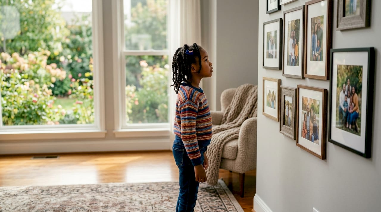 Child looking at family portraits in hallway
