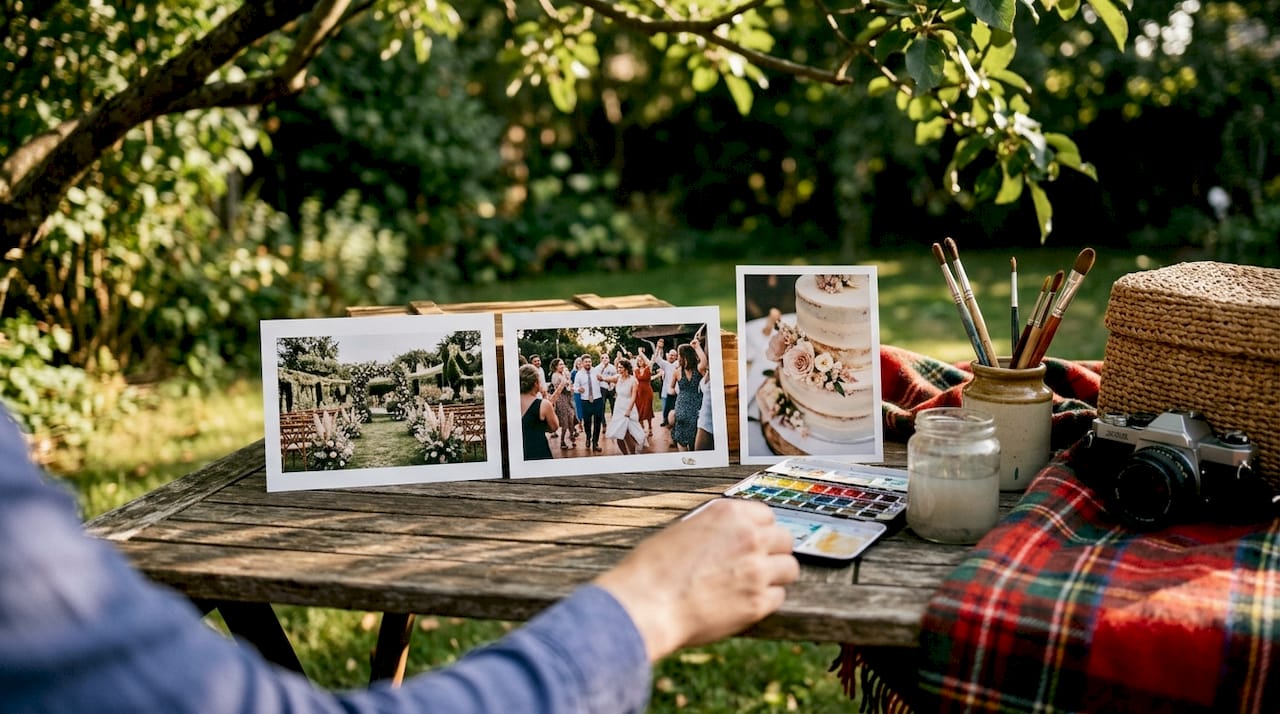 Three key event photo styles on table