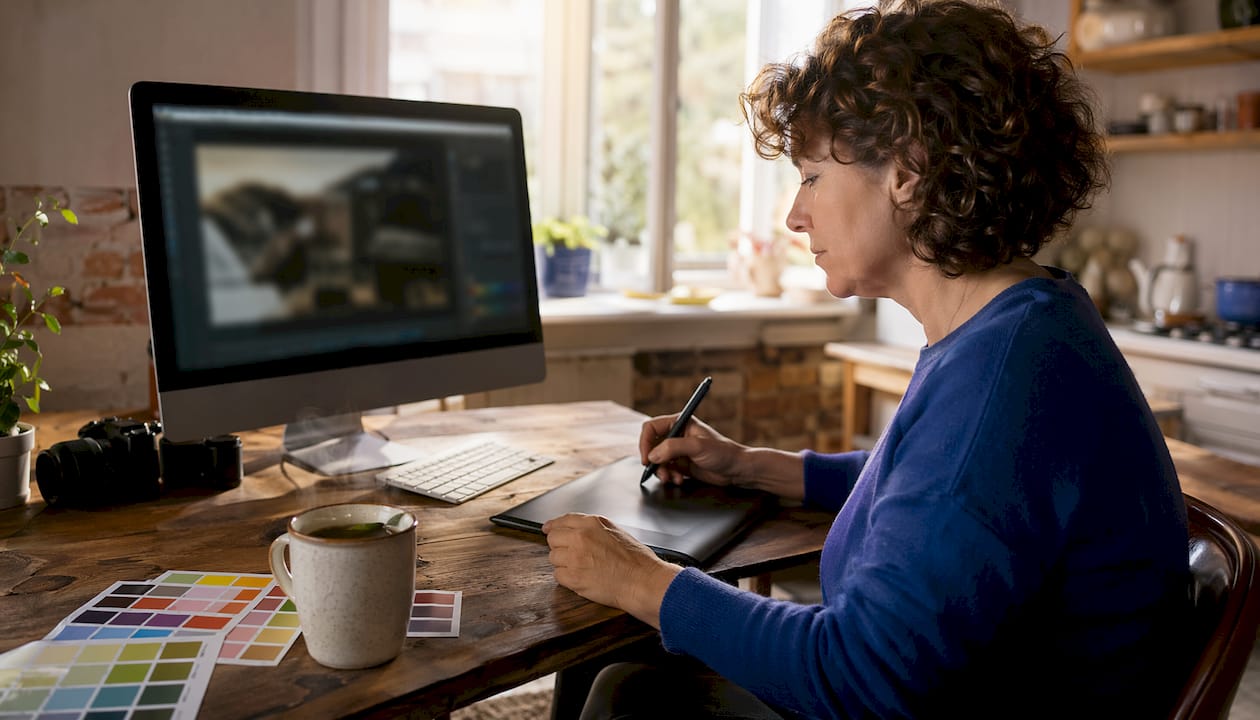 Photographer performing color correction with tablet