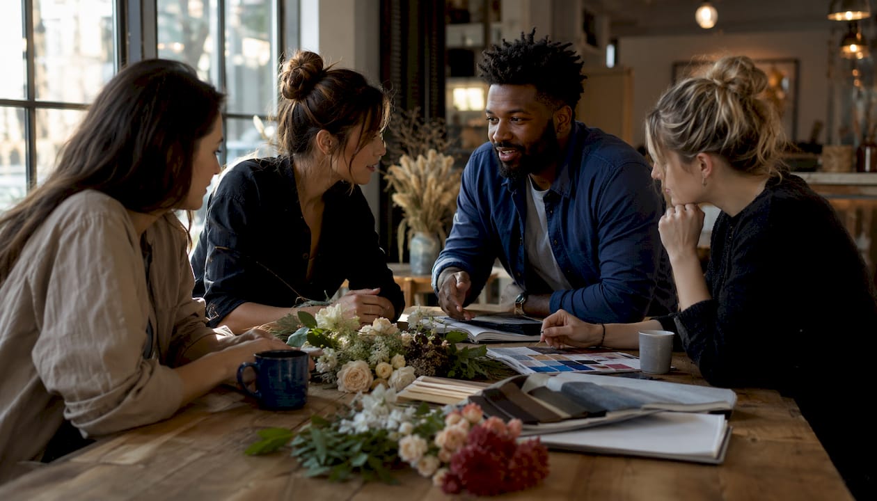 Group of wedding vendors collaborating at table